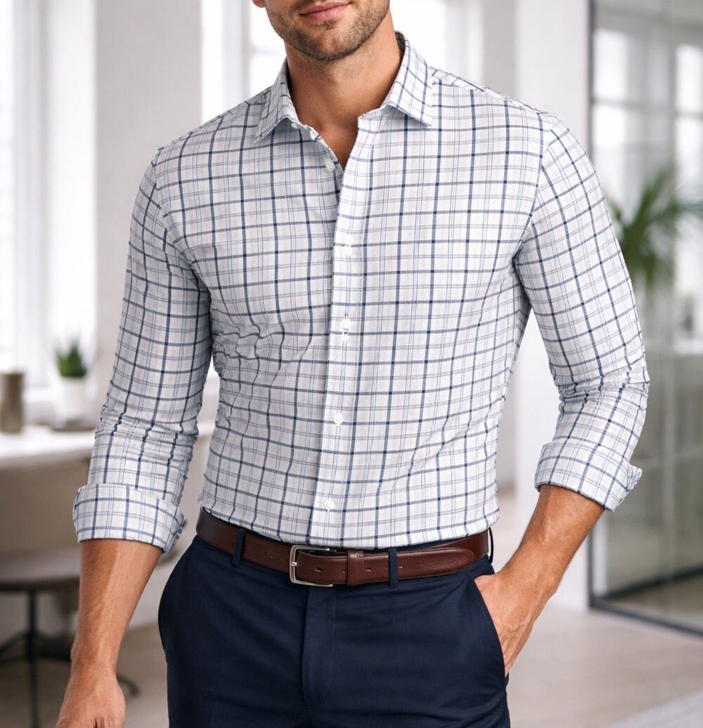 Mizzen Main Leeward Shirt Mens XXL Trim Fit White Navy Plaid Button Down